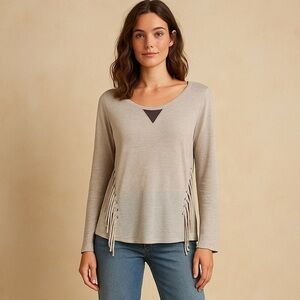 Boho long sleeve t-shirt fringe elbow patches tan oatmeal Women LARGE hippie